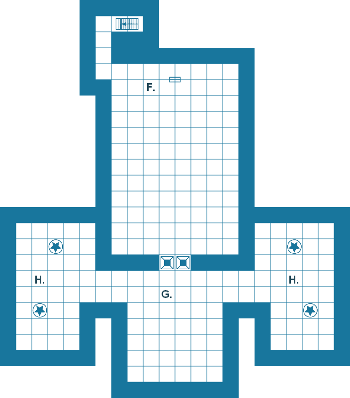 Map of the Hall of Justice with key (basement level).